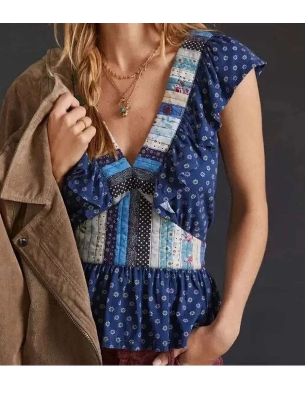Anthropologie Let Me Be Ruffled Patchwork Tank 100% cotton